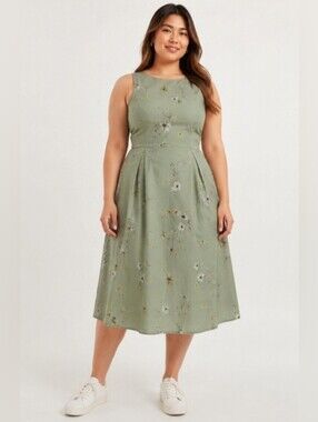 NWT Reitmans Sleeveless Fit & Flare Cotton Midi Dress Sage Green Floral XXL